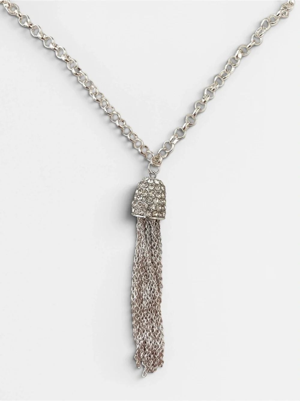 Silver Tone Crystal Chain Tassel Pendant Necklace